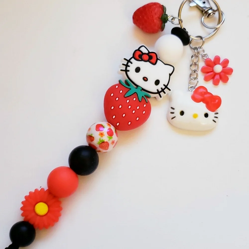 Handmade Kawaii Black Red White Strawberry Flower Hello Kitty Keychain